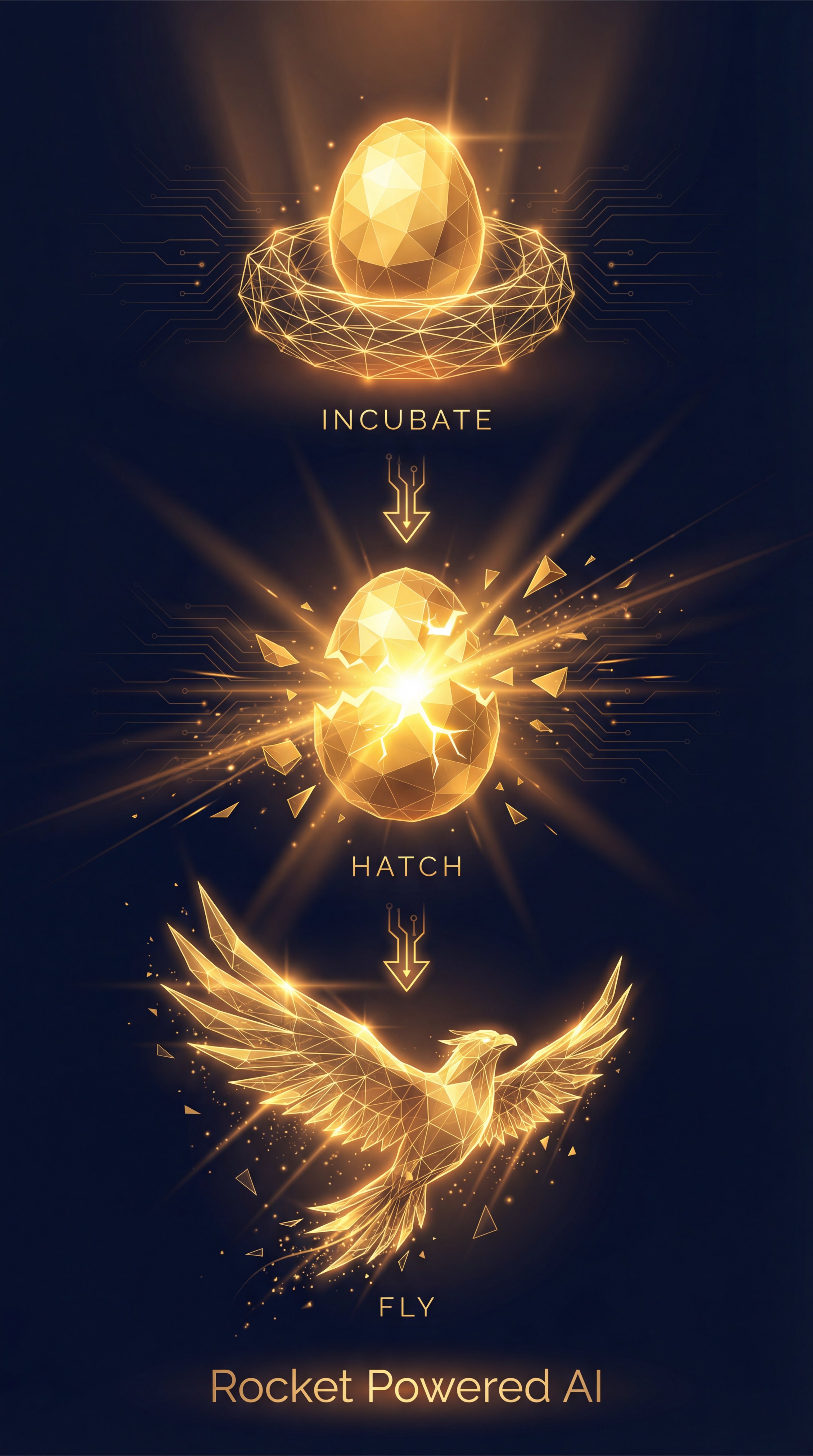 Rocket Powered AI incubation flow — from golden egg in nest to hatching to geometric bird in flight